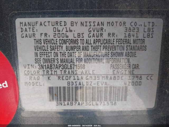 Продажа на аукционе авто 2016 Nissan Sentra Sv, vin: 3N1AB7AP3GL671598, номер лота: 44868855