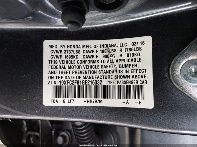 Honda CIVIC EX 2016 19XFC2F81GE216032 Image 9