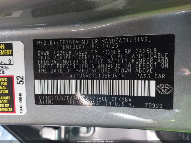 Aukcja sprzedaży 2026 Toyota Camry Se, vin: 4T1DAACK2TU669414, numer aukcji: 44868860