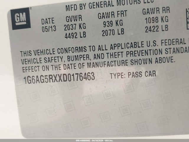 2013 Cadillac Ats Standard მანქანა იყიდება აუქციონზე, vin: 1G6AG5RXXD0176463, აუქციონის ნომერი: 44868862