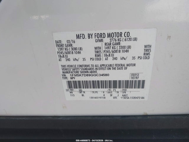 1FM5K7D89GGC34580 Ford EXPLORER XLT