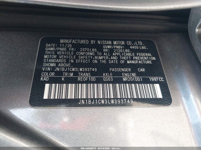 2020 Nissan Rogue Sport Sv Awd Xtronic Cvt მანქანა იყიდება აუქციონზე, vin: JN1BJ1CW3LW393749, აუქციონის ნომერი: 44868875
