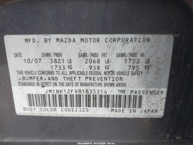 Auction sale of the 2008 Mazda Mazda3 I, vin: JM1BK12FX81835314, lot number: 44868876
