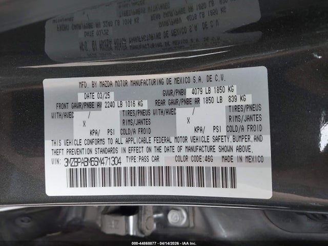Продаж на аукціоні авто 2025 Mazda Mazda3 2.5 S Select Sport, vin: 3MZBPABM6SM471304, номер лоту: 44868877