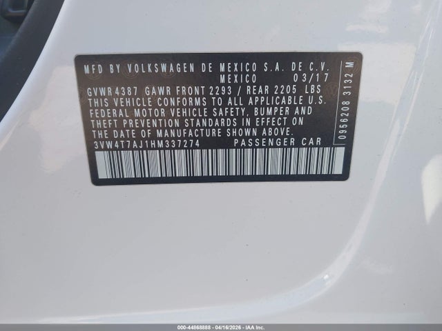 Aukcja sprzedaży 2017 Volkswagen Jetta Gli, vin: 3VW4T7AJ1HM337274, numer aukcji: 44868888
