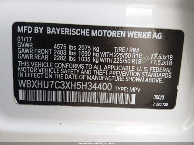 44868890 :رقم المزاد ، WBXHU7C3XH5H34400 vin ، 2017 Bmw X1 Sdrive28i مزاد بيع