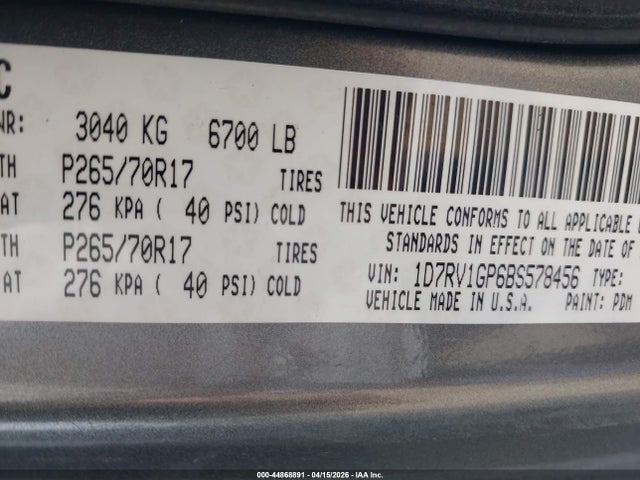 Aukcja sprzedaży 2011 Ram Ram 1500 Slt, vin: 1D7RV1GP6BS578456, numer aukcji: 44868891