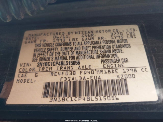 2011 Nissan Versa 1.8s მანქანა იყიდება აუქციონზე, vin: 3N1BC1CP4BL515056, აუქციონის ნომერი: 44868901