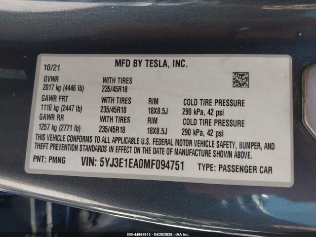 44868913 :رقم المزاد ، 5YJ3E1EA0MF094751 vin ، 2021 Tesla Model 3 Standard Range Plus Rear-wheel Drive مزاد بيع