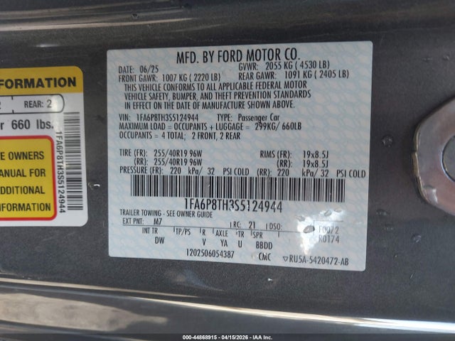 Продажа на аукционе авто 2025 Ford Mustang Ecoboost Fastback, vin: 1FA6P8TH3S5124944, номер лота: 44868915