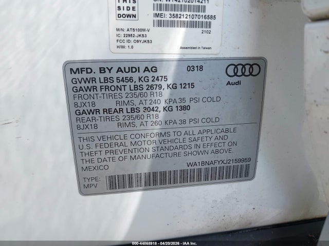 2018 Audi Q5 2.0t Premium/2.0t Tech Premium მანქანა იყიდება აუქციონზე, vin: WA1BNAFYXJ2159959, აუქციონის ნომერი: 44868918