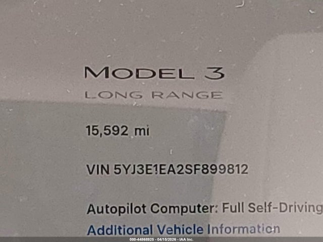 44868925 :رقم المزاد ، 5YJ3E1EA2SF899812 vin ، 2025 Tesla Model 3 Long Range Rear-wheel Drive/standard Rear-wheel Drive مزاد بيع