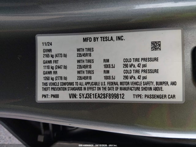 44868925 :رقم المزاد ، 5YJ3E1EA2SF899812 vin ، 2025 Tesla Model 3 Long Range Rear-wheel Drive/standard Rear-wheel Drive مزاد بيع