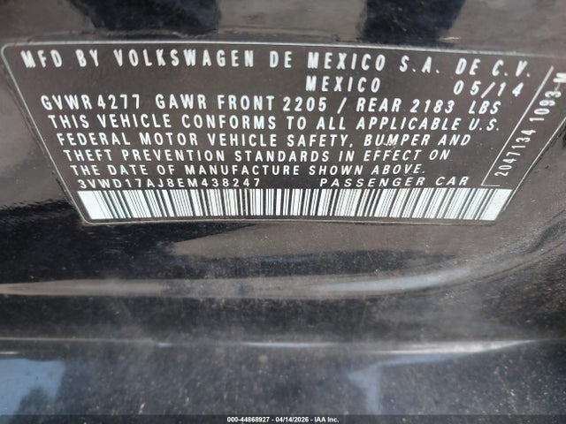 Aukcja sprzedaży 2014 Volkswagen Jetta 1.8t Se, vin: 3VWD17AJ8EM438247, numer aukcji: 44868927