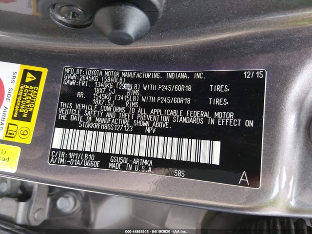 44868938 :رقم المزاد ، 5TDKKRFH8GS127123 vin ، 2016 Toyota Highlander Xle V6 مزاد بيع