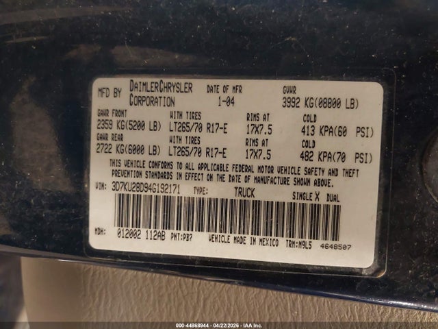 2004 Dodge Ram 2500 Slt/laramie მანქანა იყიდება აუქციონზე, vin: 3D7KU28D94G192171, აუქციონის ნომერი: 44868944