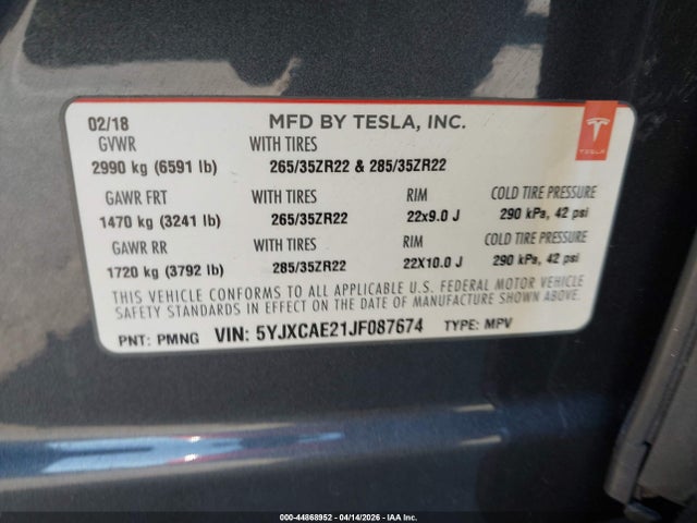 5YJXCAE21JF087674 Tesla Model X 100d/75d/p100d