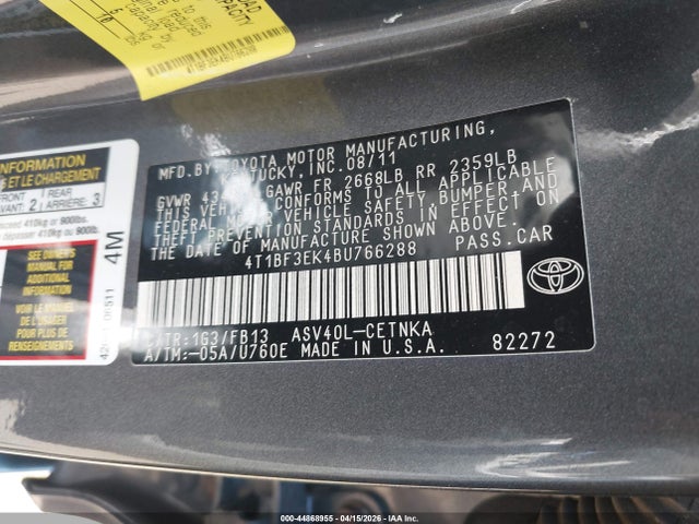 44868955 :رقم المزاد ، 4T1BF3EK4BU766288 vin ، 2011 Toyota Camry Le مزاد بيع