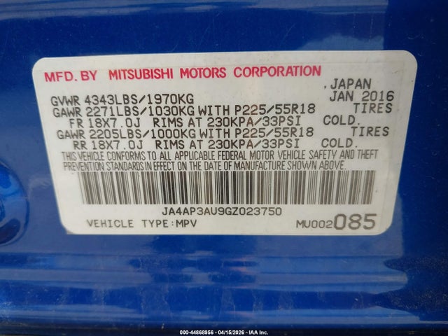 Aukcja sprzedaży 2016 Mitsubishi Outlander Sport 2.0 Es, vin: JA4AP3AU9GZ023750, numer aukcji: 44868956