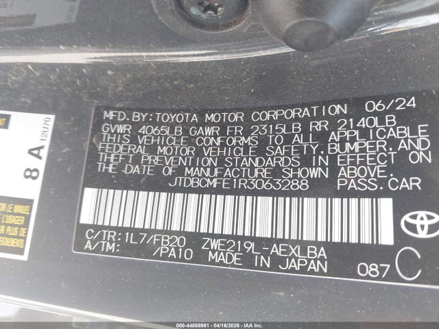 2024 Toyota Corolla Hybrid Le მანქანა იყიდება აუქციონზე, vin: JTDBCMFE1R3063288, აუქციონის ნომერი: 44868961