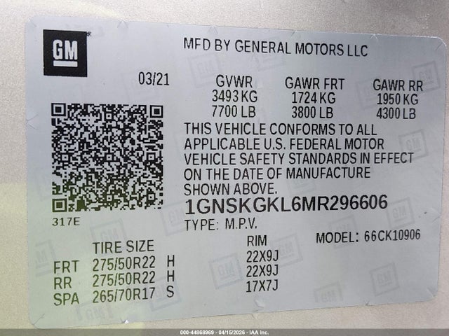 2021 CHEVROLET SUBURBAN 1GNSKGKL6MR296606 Photo 8