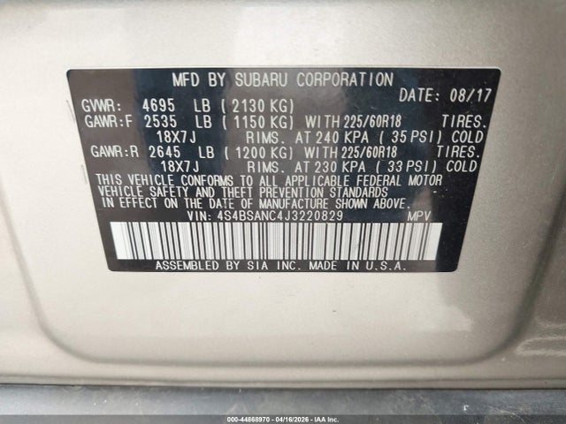 Subaru Outback 2.5i Limited 2018 4S4BSANC4J3220829 Image 9