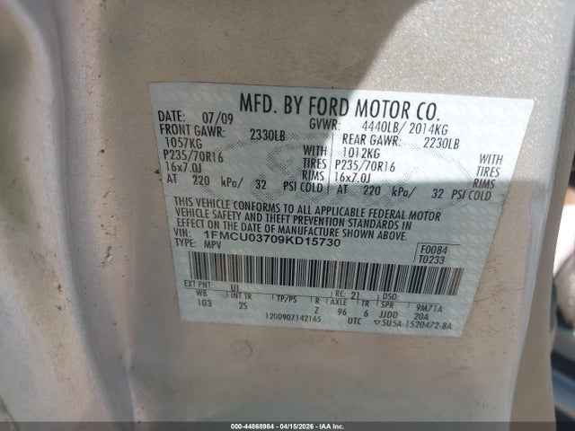 2009 Ford Escape Xlt მანქანა იყიდება აუქციონზე, vin: 1FMCU03709KD15730, აუქციონის ნომერი: 44868984