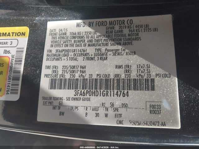 44868986 :رقم المزاد ، 3FA6P0HD1GR114764 vin ، 2016 Ford Fusion Se مزاد بيع