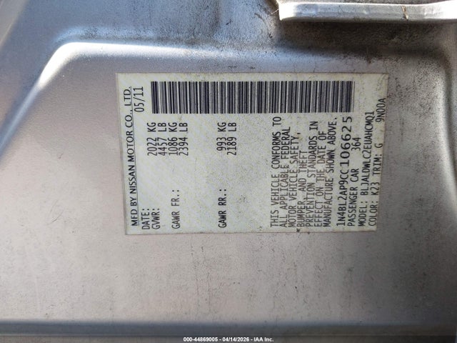 Aukcja sprzedaży 2012 Nissan Altima 3.5 Sr, vin: 1N4BL2AP9CC106625, numer aukcji: 44869005