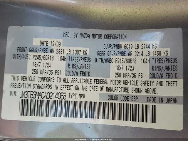 2010 Mazda Cx-9 Touring მანქანა იყიდება აუქციონზე, vin: JM3TB3MA0A0214068, აუქციონის ნომერი: 44869011