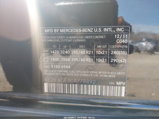 44869013 :رقم المزاد ، 4JGBF8GE3CA778892 vin ، 2012 Mercedes-benz Gl 550 4matic مزاد بيع