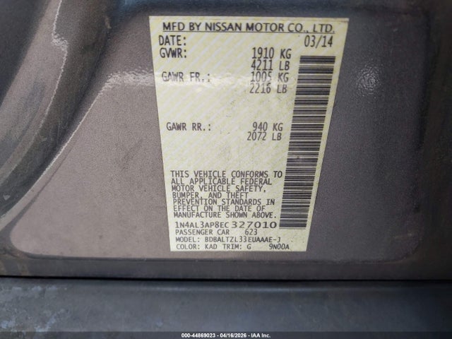 2014 Nissan Altima 2.5 Sv მანქანა იყიდება აუქციონზე, vin: 1N4AL3AP8EC327010, აუქციონის ნომერი: 44869023