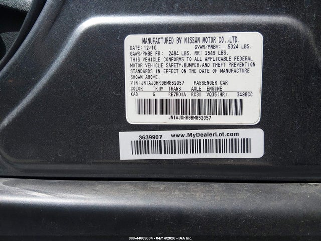 44869034 :رقم المزاد ، JN1AJ0HR9BM852057 vin ، 2011 Infiniti Ex35 Journey مزاد بيع