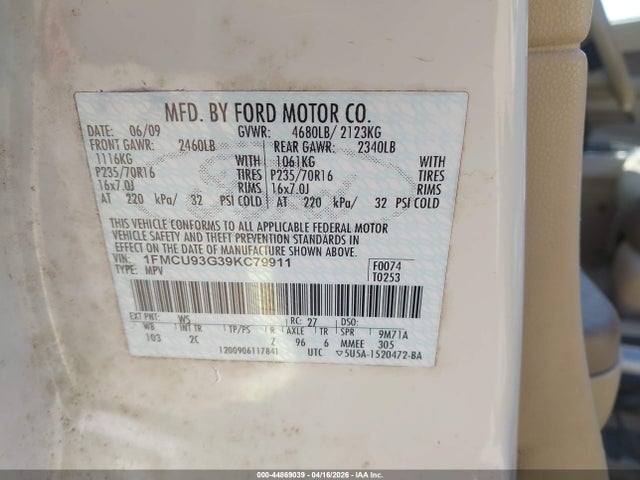 Aukcja sprzedaży 2009 Ford Escape Xlt, vin: 1FMCU93G39KC79911, numer aukcji: 44869039
