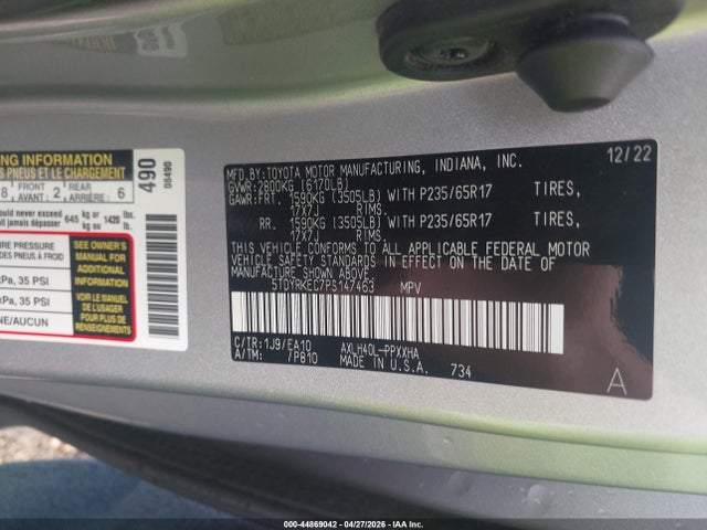 Aukcja sprzedaży 2023 Toyota Sienna Xle, vin: 5TDYRKEC7PS147463, numer aukcji: 44869042