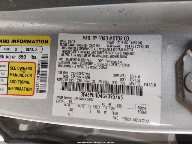 2016 Ford Fusion Se მანქანა იყიდება აუქციონზე, vin: 3FA6P0HD4GR395765, აუქციონის ნომერი: 44869050