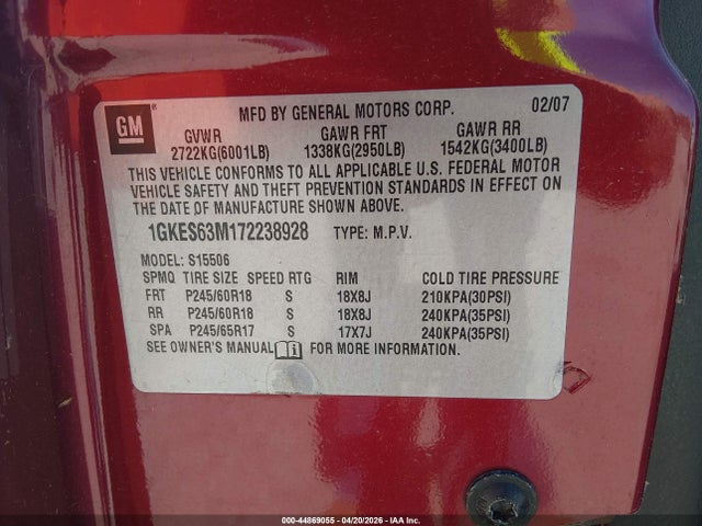 Aukcja sprzedaży 2007 Gmc Envoy Denali, vin: 1GKES63M172238928, numer aukcji: 44869055