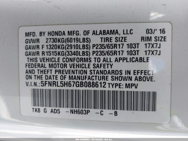 Honda Odyssey Ex-l 2016 5FNRL5H67GB088612 Image 9