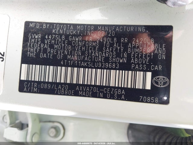 Продаж на аукціоні авто 2020 Toyota Camry Xle, vin: 4T1F11AK5LU939683, номер лоту: 44869070