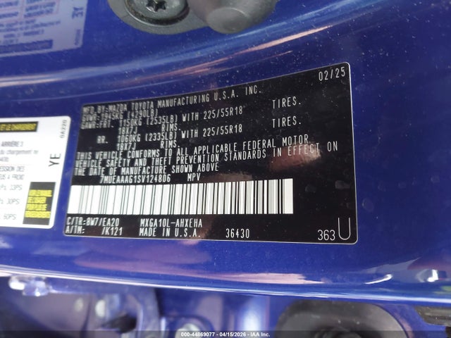 44869077 :رقم المزاد ، 7MUEAAAG1SV124806 vin ، 2025 Toyota Corolla Cross Xle مزاد بيع