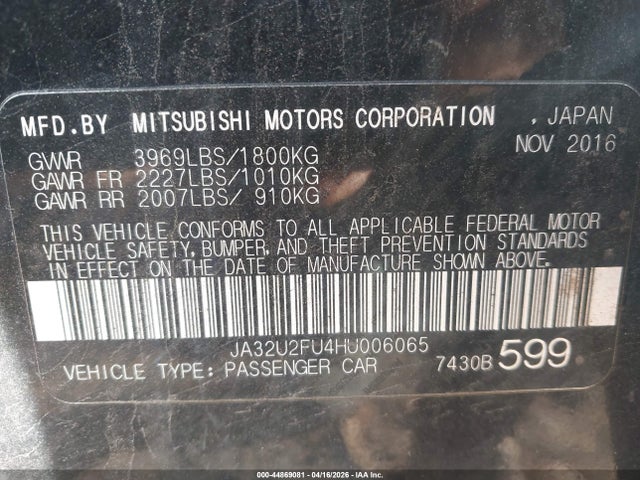 Продаж на аукціоні авто 2017 Mitsubishi Lancer Es/le, vin: JA32U2FU4HU006065, номер лоту: 44869081