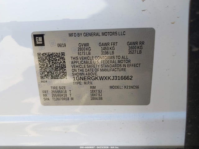 Продажа на аукционе авто 2019 Chevrolet Traverse 1lt, vin: 1GNERGKWXKJ316662, номер лота: 44869097