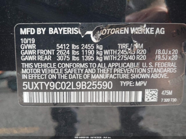 44869109 :رقم المزاد ، 5UXTY9C02L9B25590 vin ، 2020 Bmw X3 M40i مزاد بيع