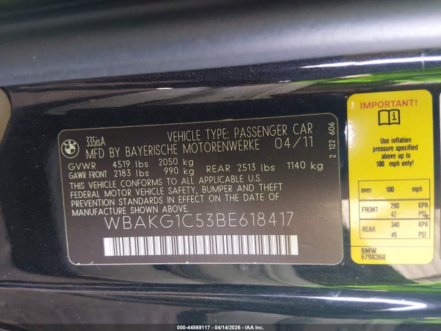 Продажа на аукционе авто 2011 Bmw 335is, vin: WBAKG1C53BE618417, номер лота: 44869117