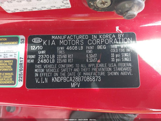 Aukcja sprzedaży 2011 Kia Sportage Lx, vin: KNDPBCA28B7086873, numer aukcji: 44869131