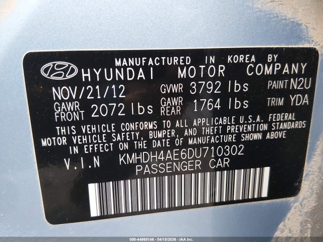 44869146 :رقم المزاد ، KMHDH4AE6DU710302 vin ، 2013 Hyundai Elantra Gls مزاد بيع