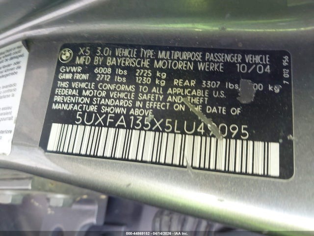 Продаж на аукціоні авто 2005 Bmw X5 3.0i, vin: 5UXFA135X5LU49095, номер лоту: 44869152