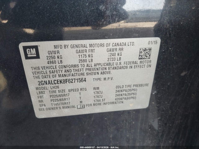 2015 Chevrolet Equinox 2lt მანქანა იყიდება აუქციონზე, vin: 2GNALCEK8F6271564, აუქციონის ნომერი: 44869157