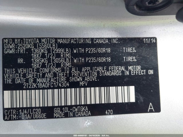 44869161 :رقم المزاد ، 2T2ZK1BA0FC174304 vin ، 2015 Lexus Rx 350 مزاد بيع