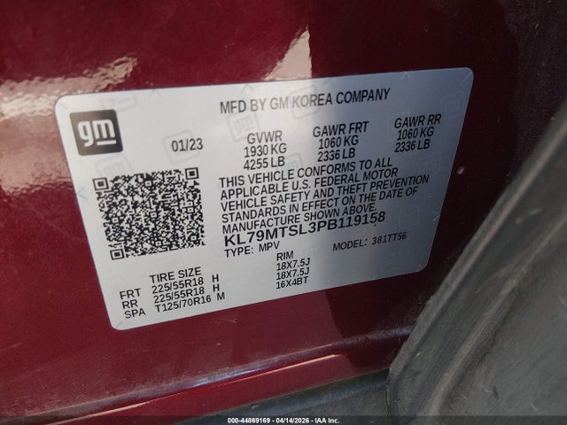 44869169 :رقم المزاد ، KL79MTSL3PB119158 vin ، 2023 Chevrolet Trailblazer Fwd Rs مزاد بيع